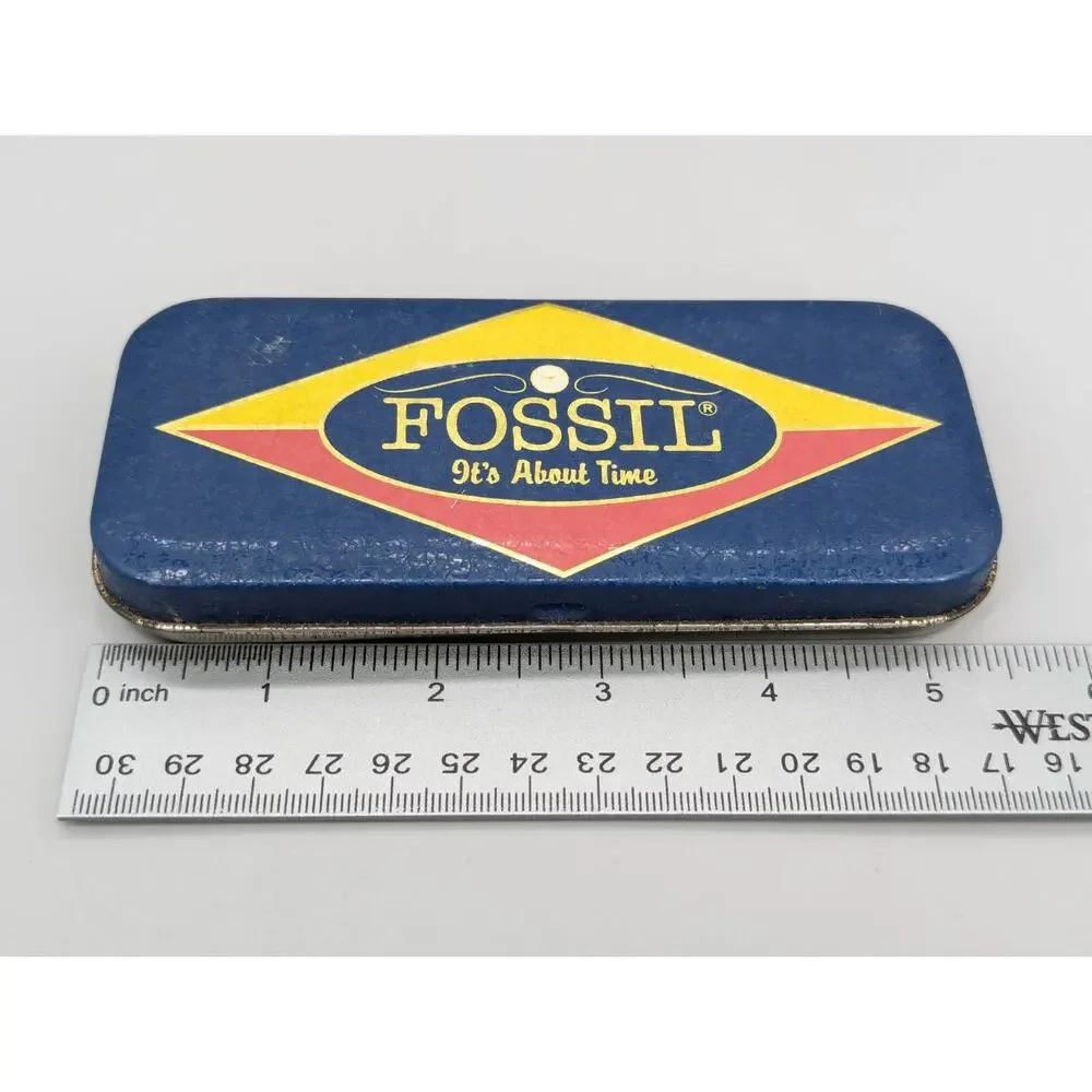 Vintage Fossil Watch Empty Box Tin Collectible 1990 Blue Red & Yellow